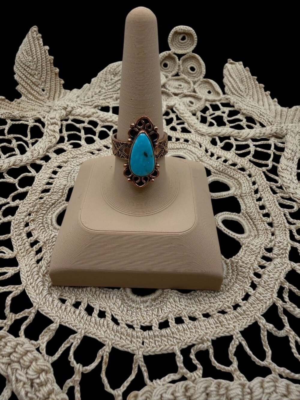 Artisan crafted Whitewater Turquoise Copper Statement Ring Ornate Adj Band gift